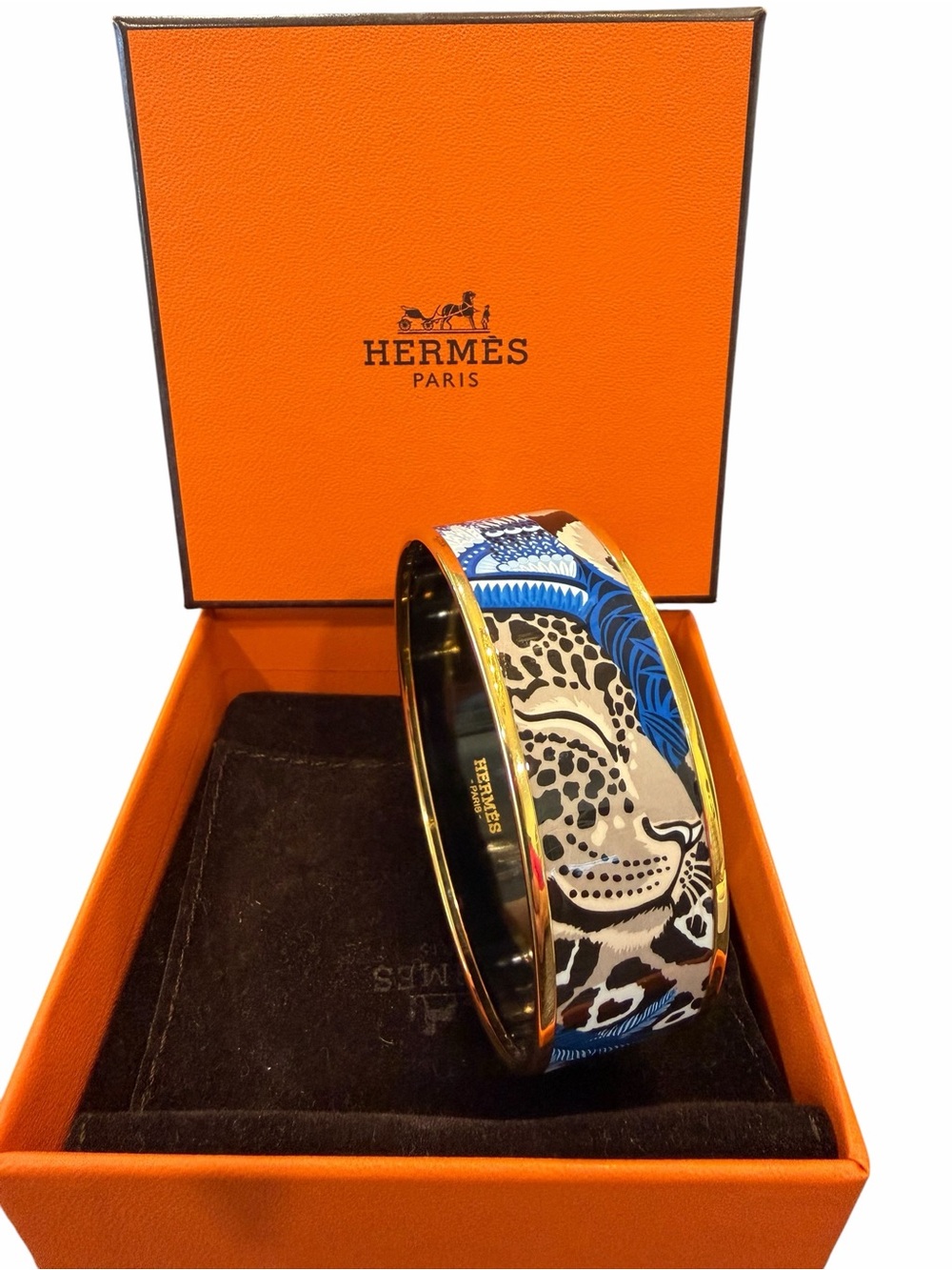 Hermes Blue, Beige & Black Enamel Bangle with Gold Trim